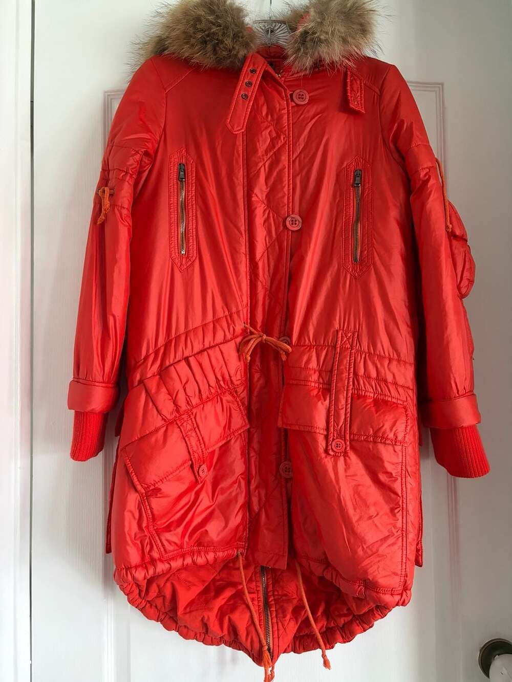 Antonio Berardi Orange Quilted Fur-Trimmed Hooded Parka Jacket Size 38